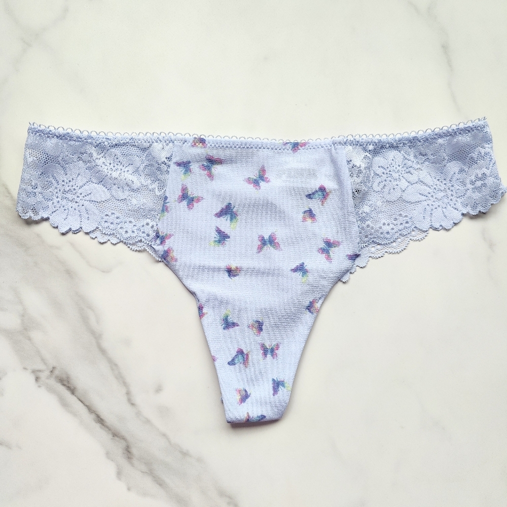 NWT PINK VICTORIA'S SECRET NO-SHOW LACE-TRIM THONG PANTY IN SOFT IRIS BUTTERFLY
